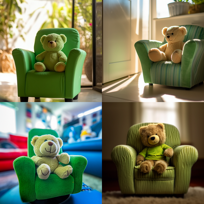 Low angle view of a teddy bear on a green chair