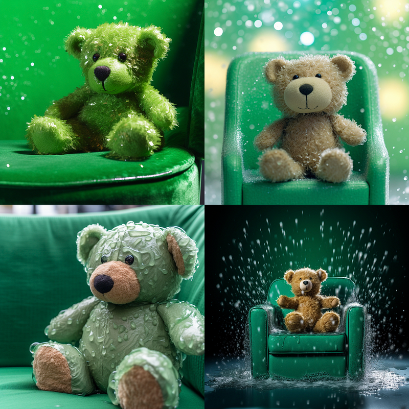 Teddy bear on a green chair with water drops