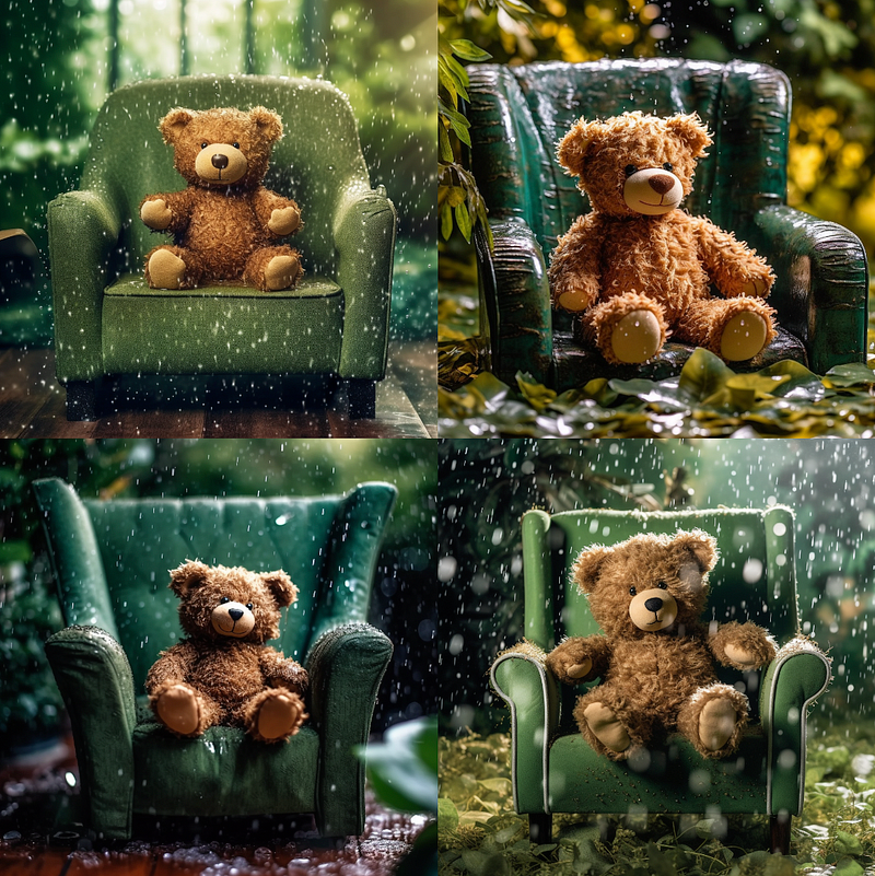 Final image of teddy bear on green chair