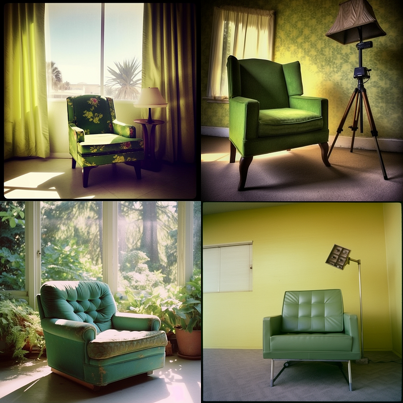 Green chair photographed with a Polaroid