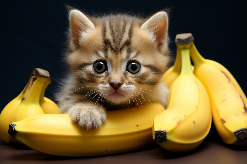 A cute kitten enjoying a variety of foods.