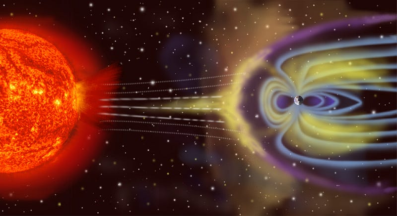 Illustration of solar winds affecting Earth's magnetic field