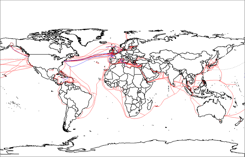 Map showing global undersea internet cables