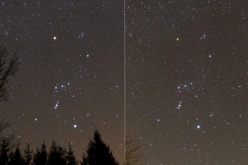 Two images showcasing Betelgeuse's brightness changes over time