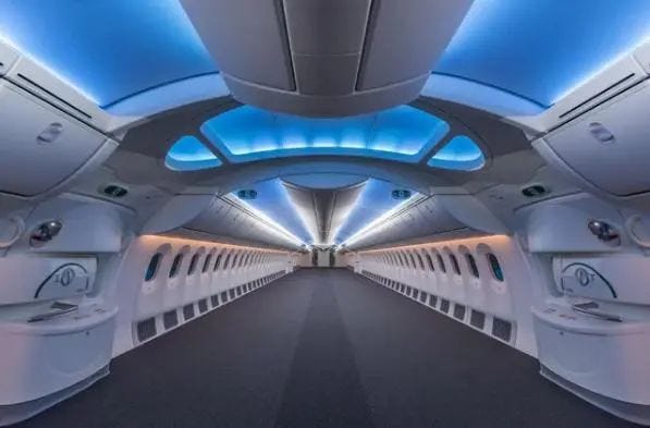 Interior view of an empty Boeing 787